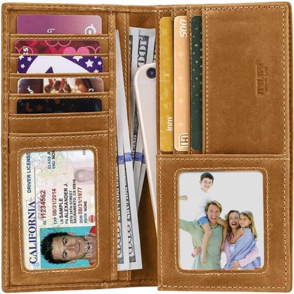 RFID Vintage Look Genuine Leather Long Bifold Wallet Checkbook Wallets for Men - Picture 7 of 8